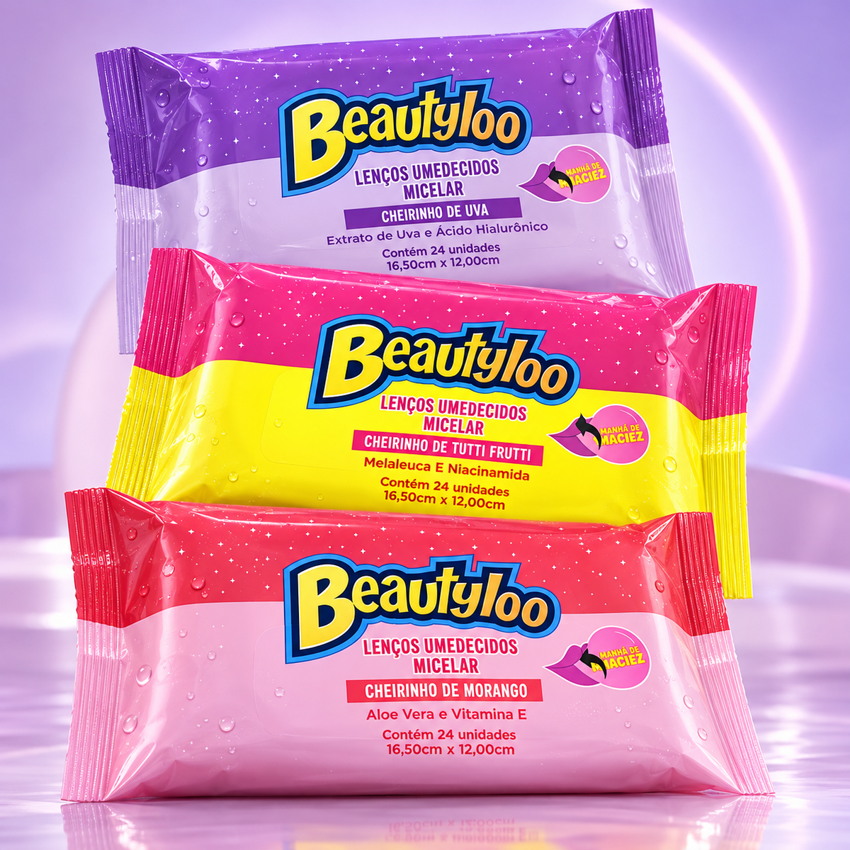 Beautyloo Lenços Umedecidos Micelares, Uva Tutti Frutti e Morango, 24 unidades por embalagem, imagem de estúdio 1 - composição digital ilustrativa