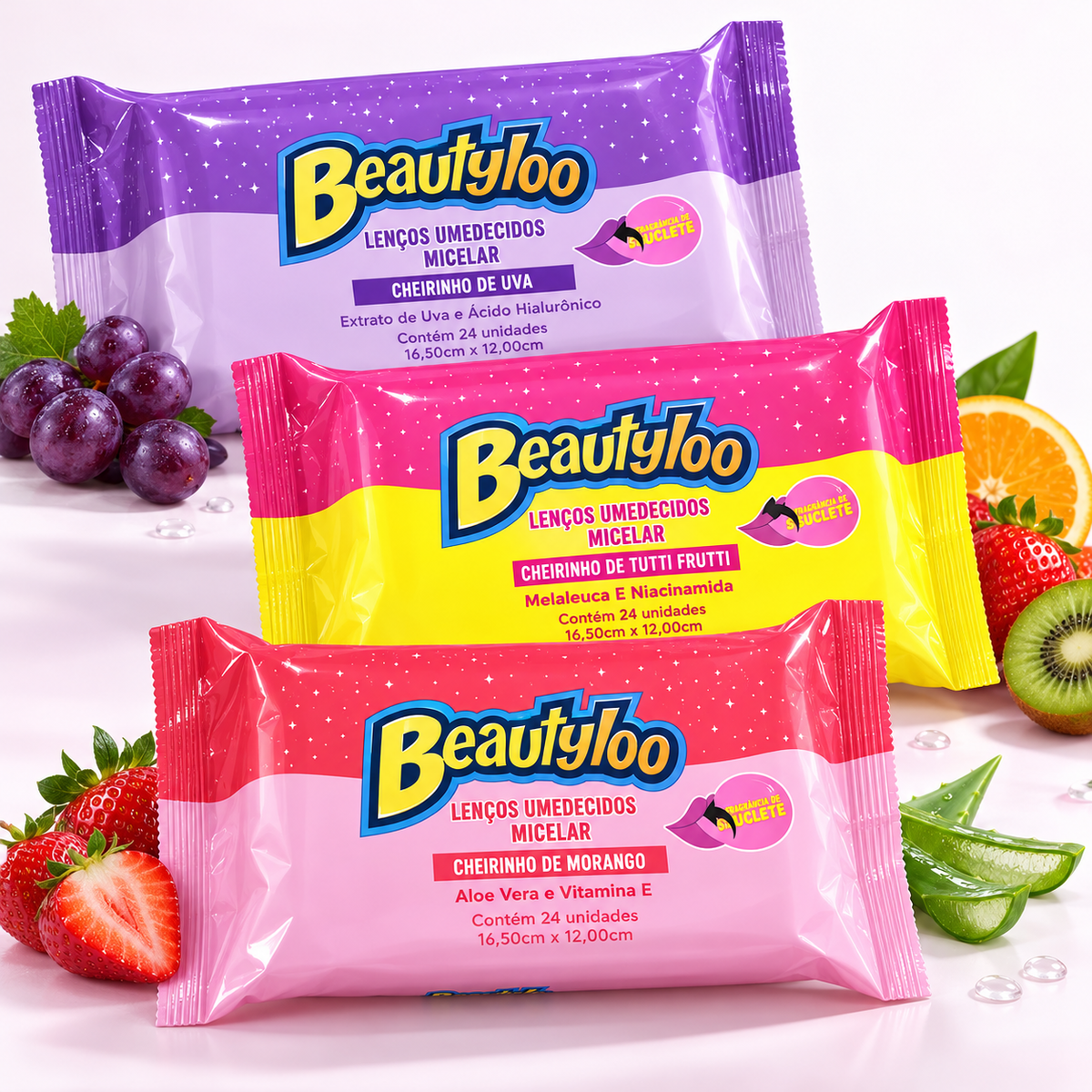 Beautyloo Lenços Umedecidos Micelares, Uva Tutti Frutti e Morango, 24 unidades por embalagem, imagem de estúdio 2 - composição digital ilustrativa
