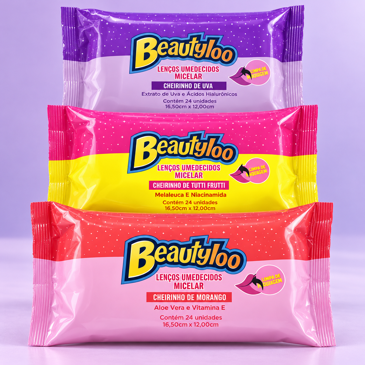 Beautyloo Lenços Umedecidos Micelares, Uva Tutti Frutti e Morango, 24 unidades por embalagem, imagem de estúdio 3 - composição digital ilustrativa
