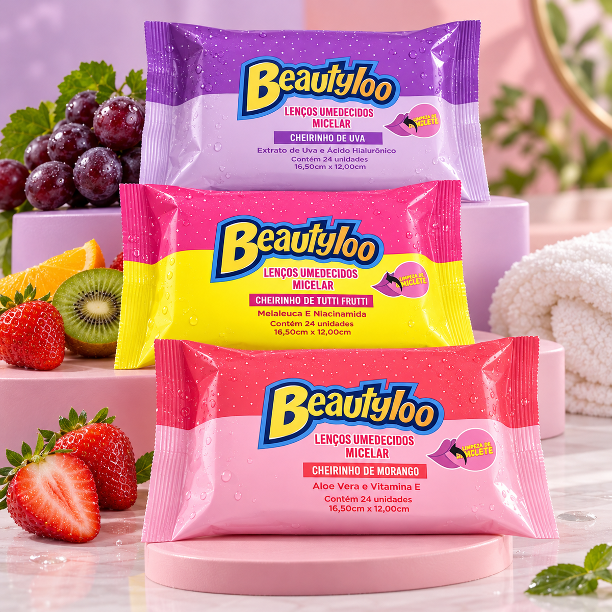 Beautyloo Lenços Umedecidos Micelares, Uva Tutti Frutti e Morango, 24 unidades por embalagem, imagem de estúdio 4 - composição digital ilustrativa
