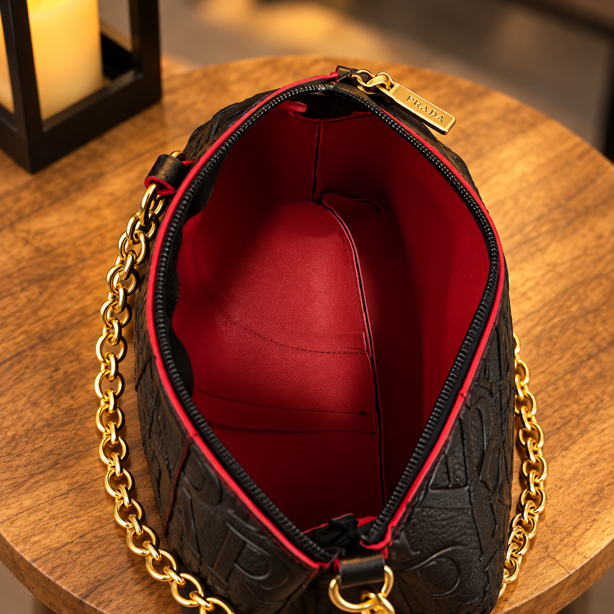 Bolsa mini preta - detalhe do interior vermelho