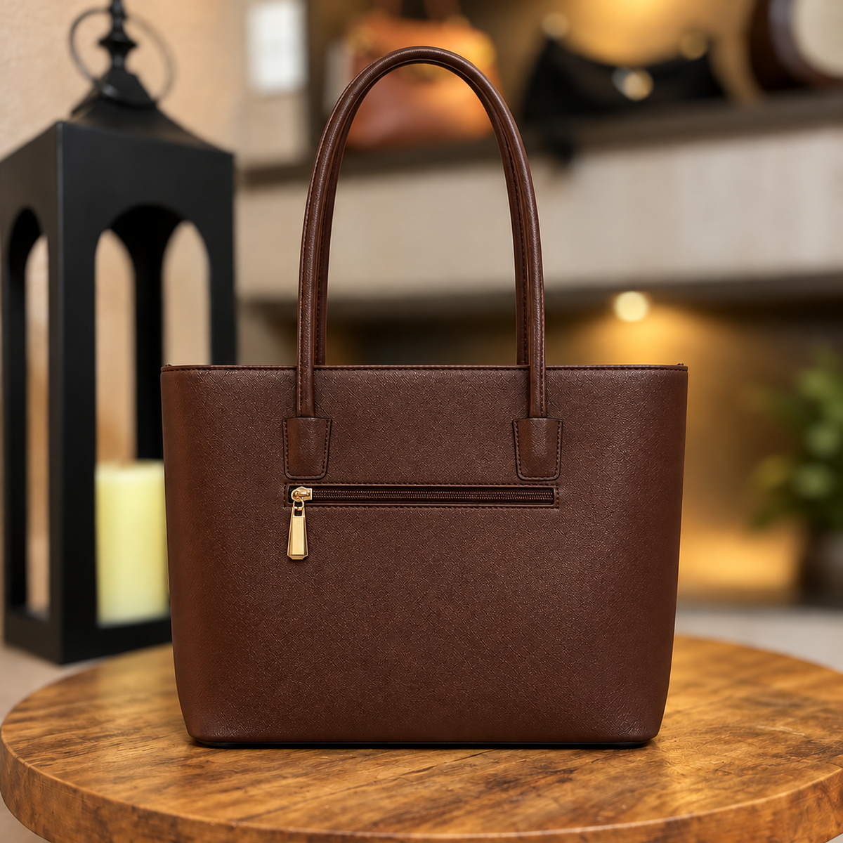 Bolsa marrom vista por trás com zíper metálico