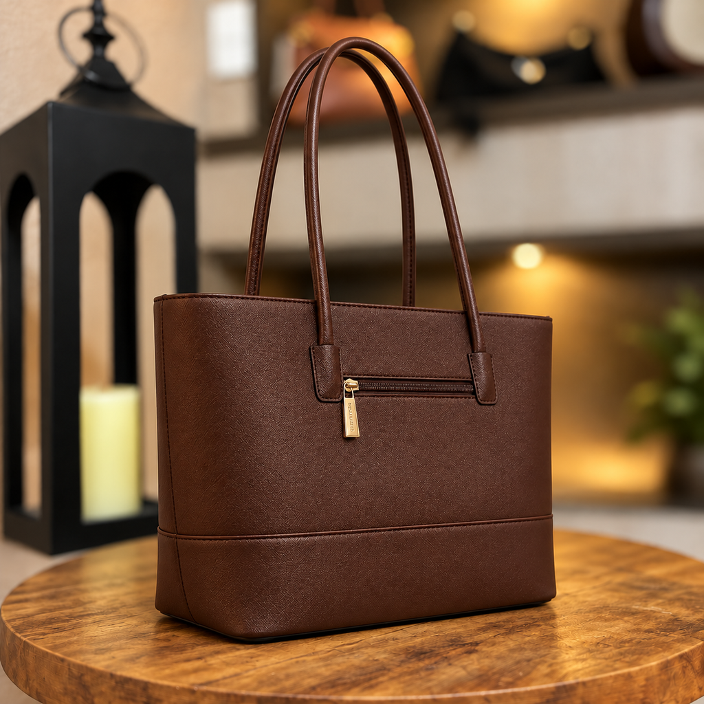 Bolsa tote marrom com alças longas em perspectiva