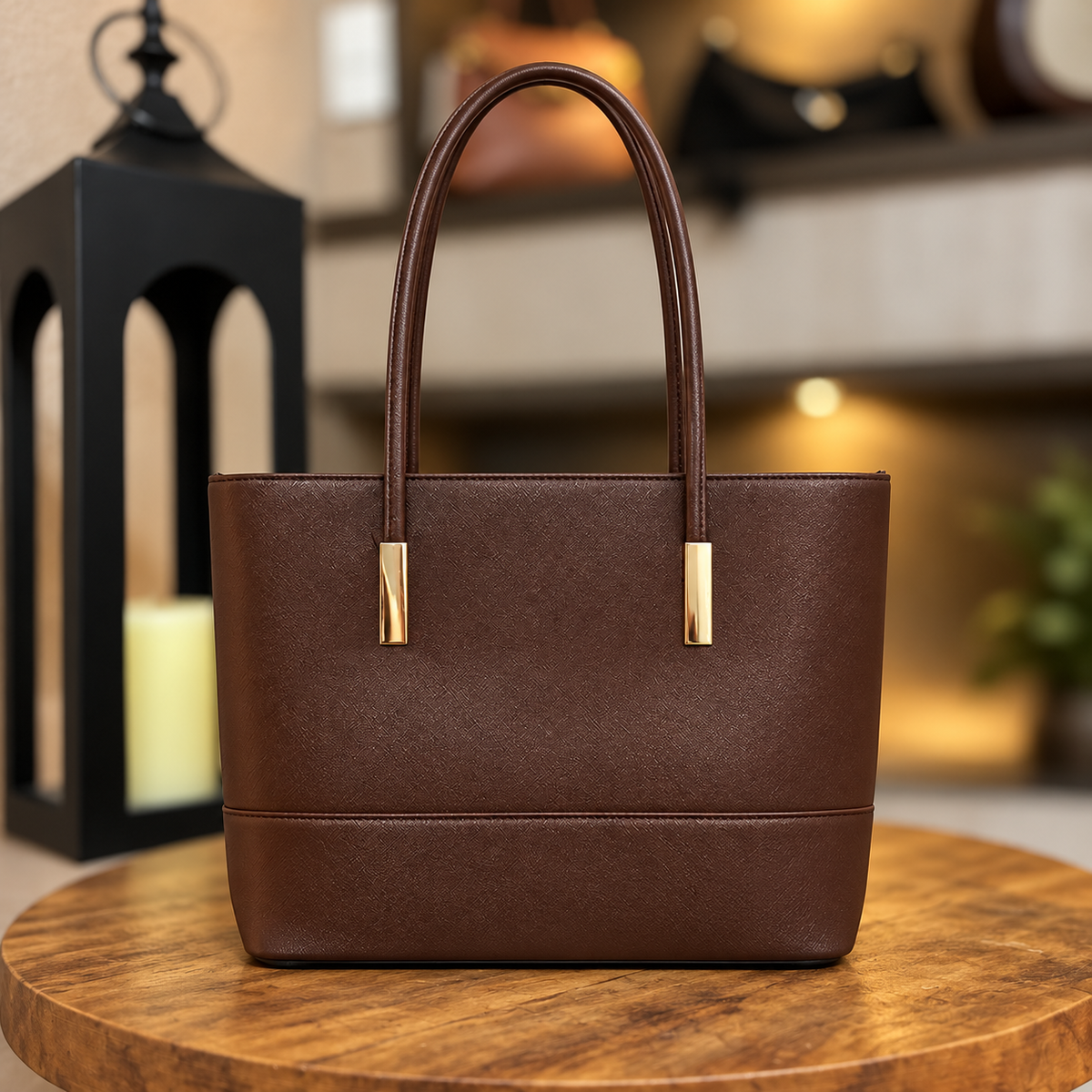 Bolsa tote marrom com alças longas sobre mesa de madeira