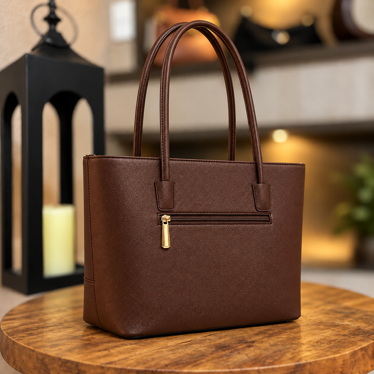 Verso da bolsa tote marrom com bolso de zíper