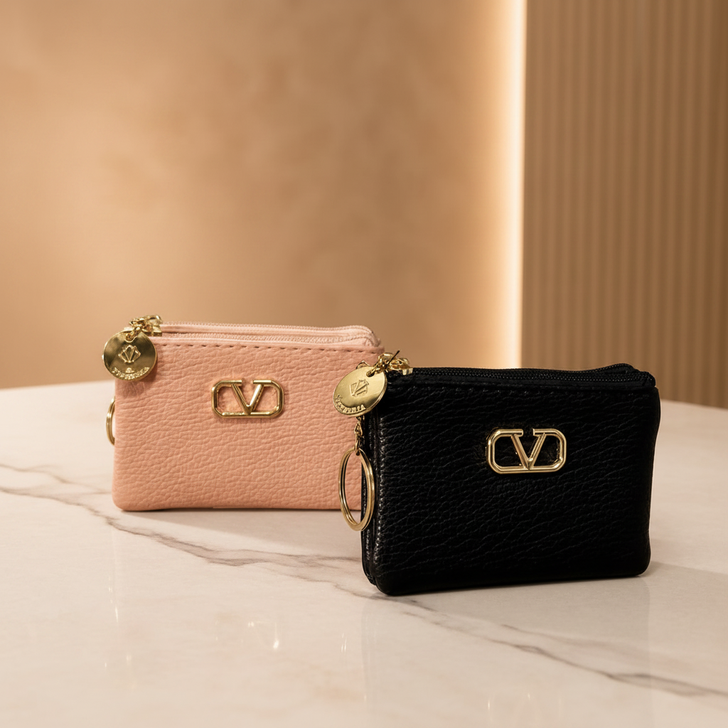 Duo porta-cartão nude e preto com zíper dourado em mármore