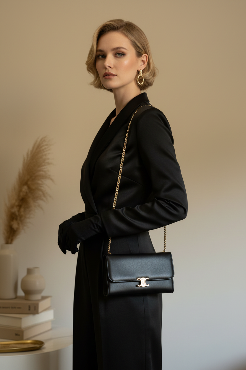 Mulher loira usando clutch preta com corrente dourada