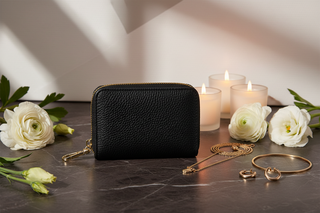 Carteira Zip Black Gold — Ambiente Luxuoso