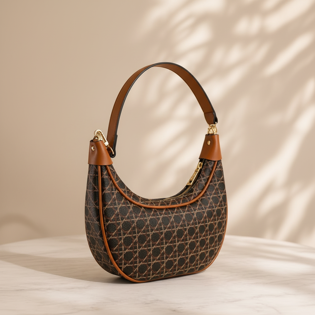 Bolsa hobo cannage marrom com couro caramelo em mármore