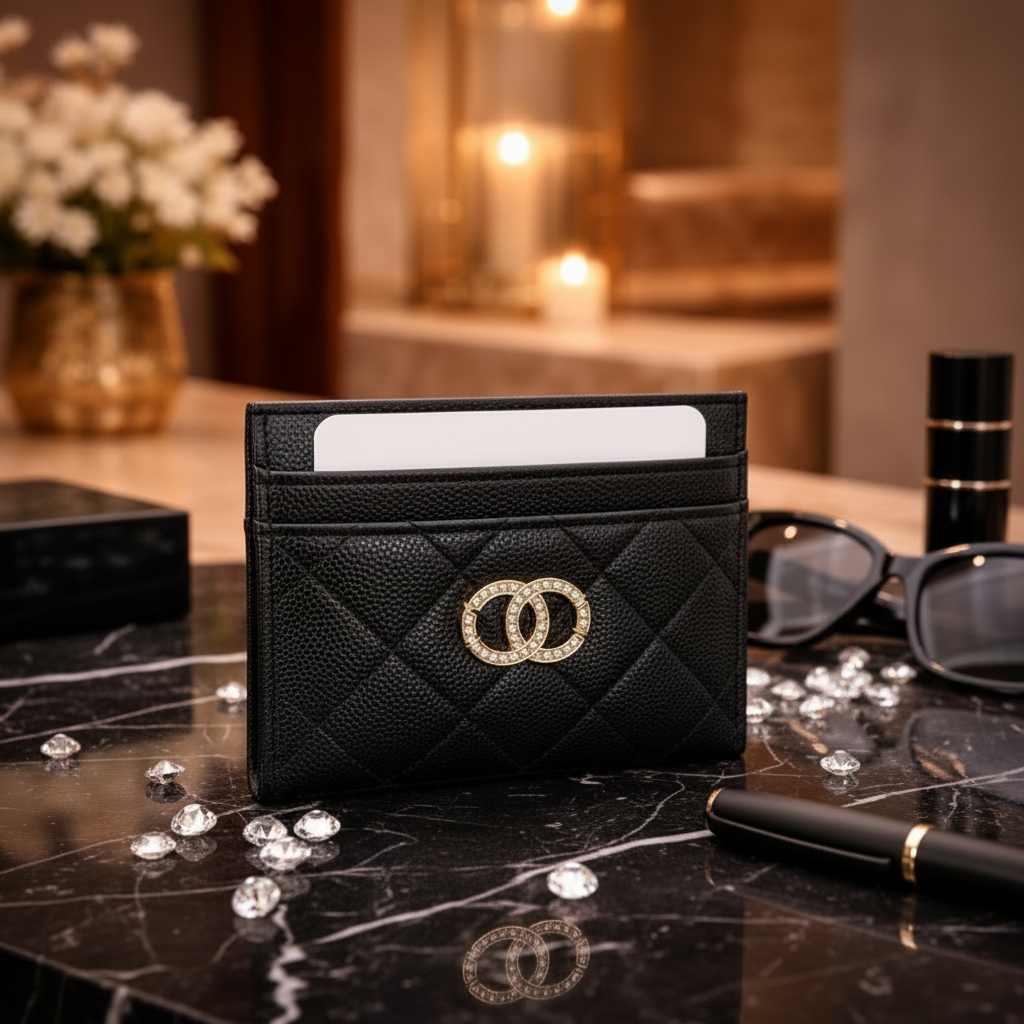 Porta-cartão preto com cristais em ambiente glamouroso