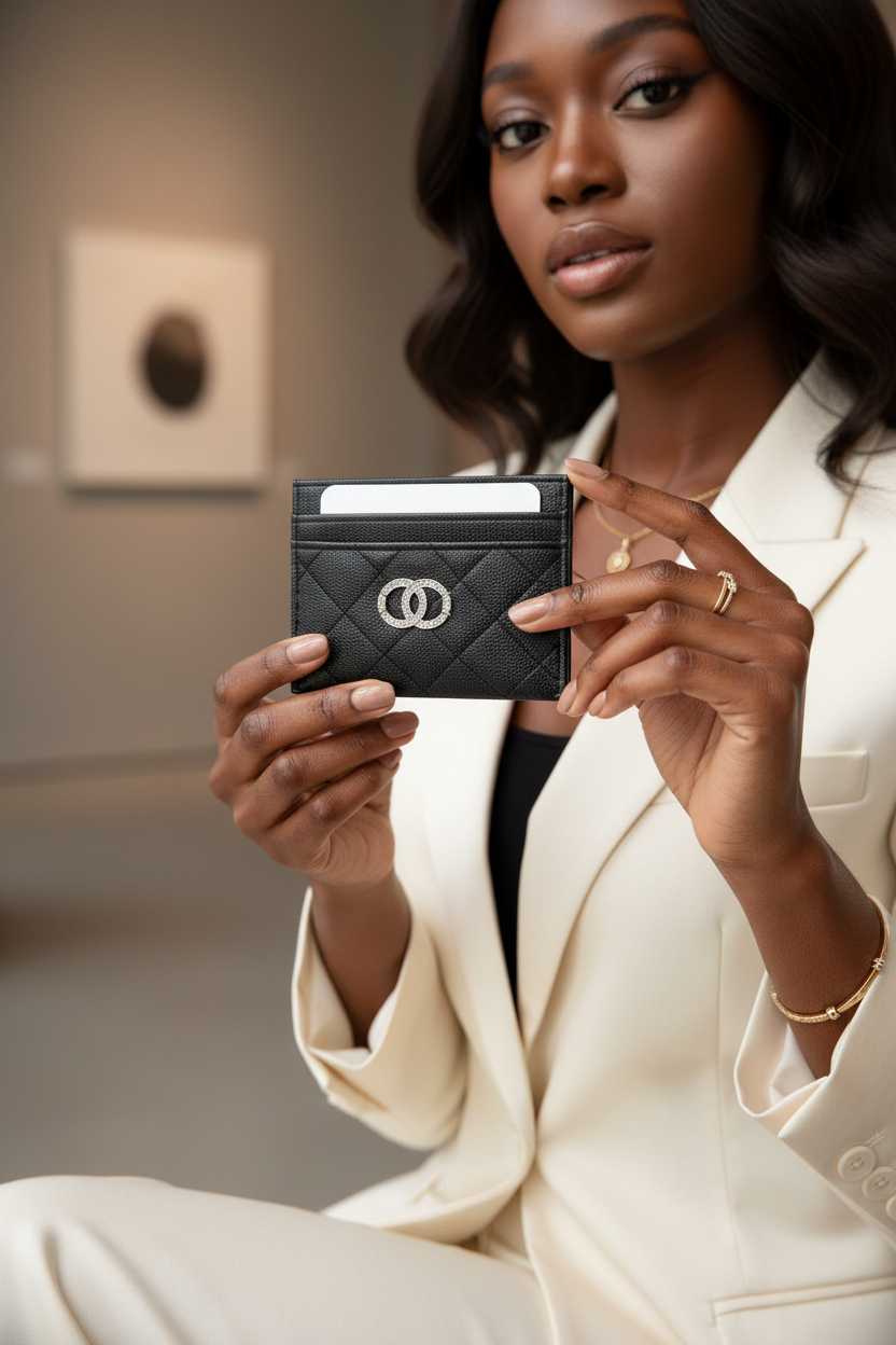 Mulher negra segurando porta-cartão preto com cristais