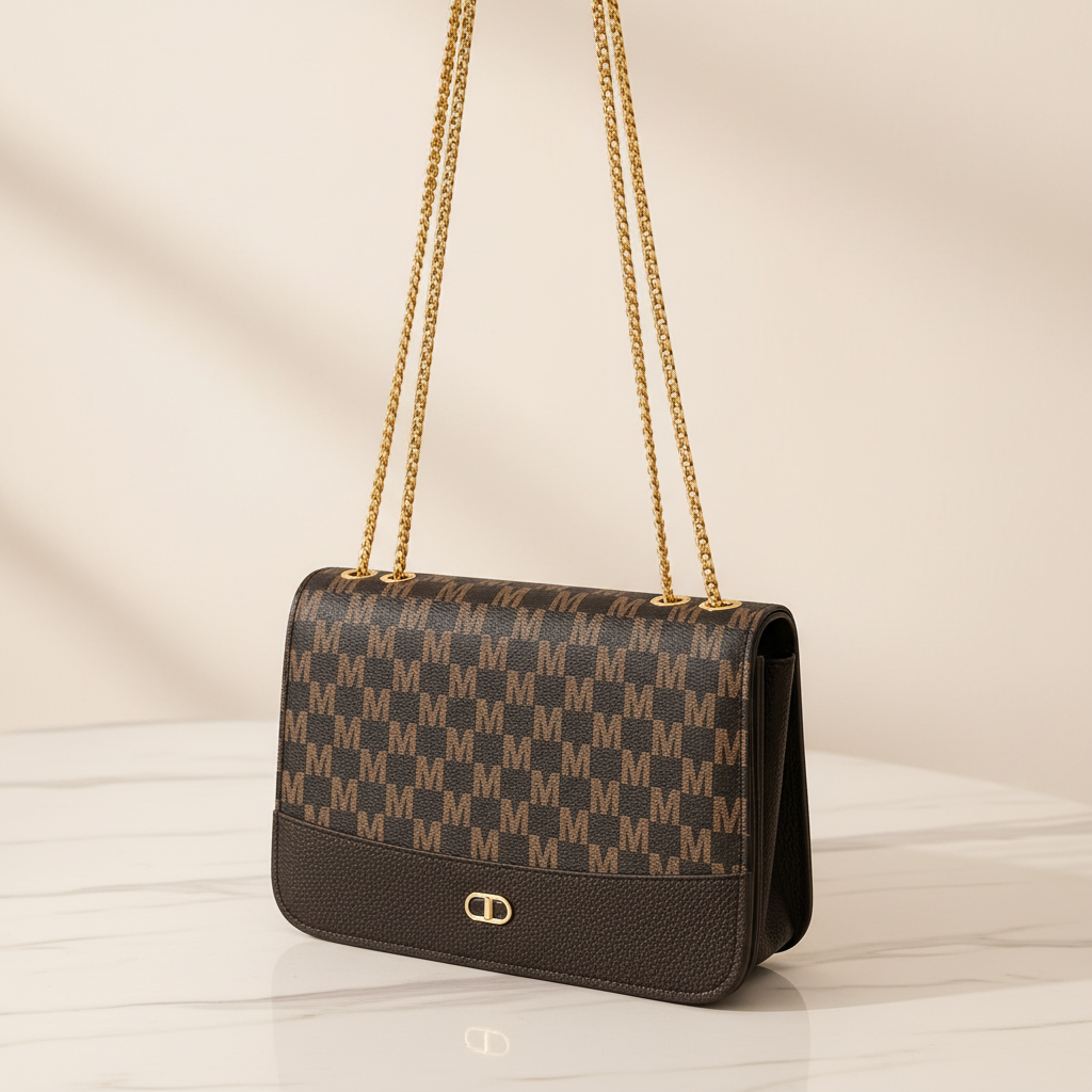 Bolsa feminina premium monograma com ferragens douradas em mármore