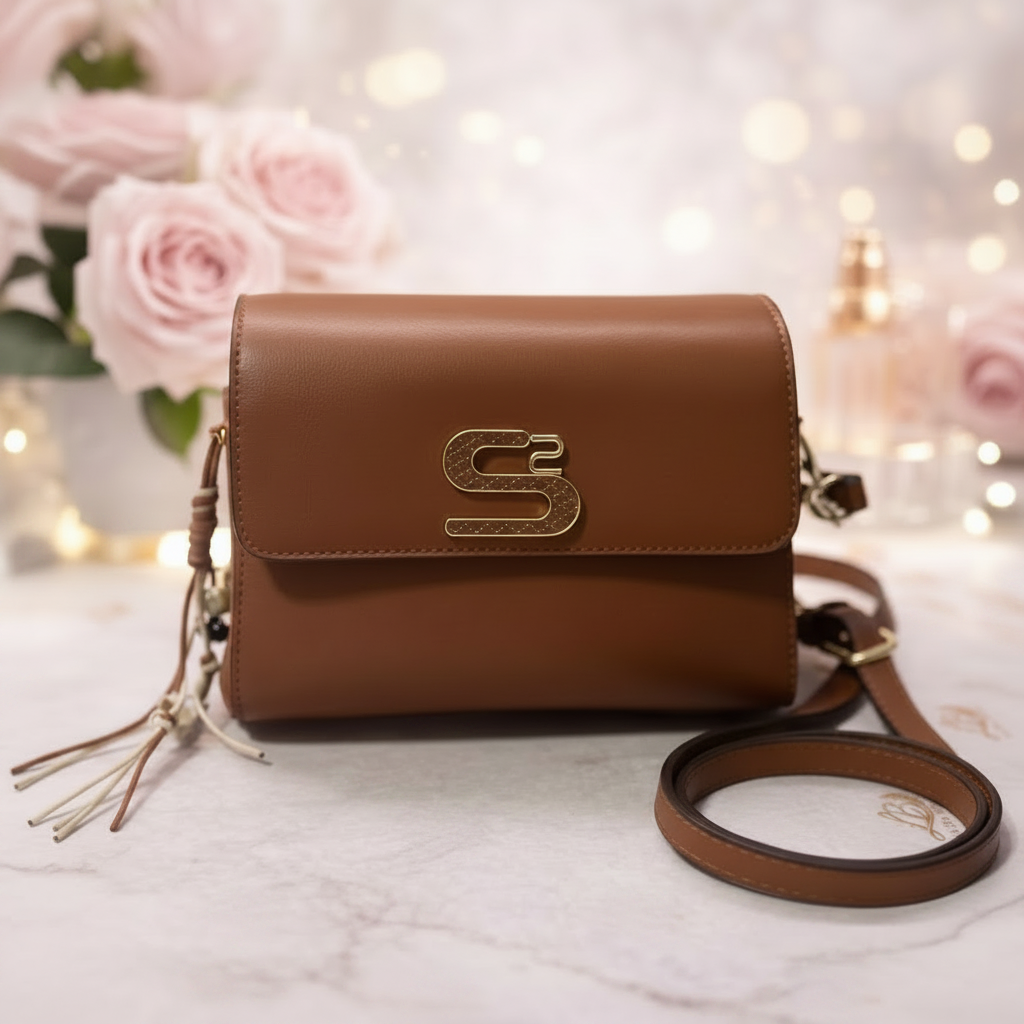 Bolsa transversal caramelo com logo dourado em mármore