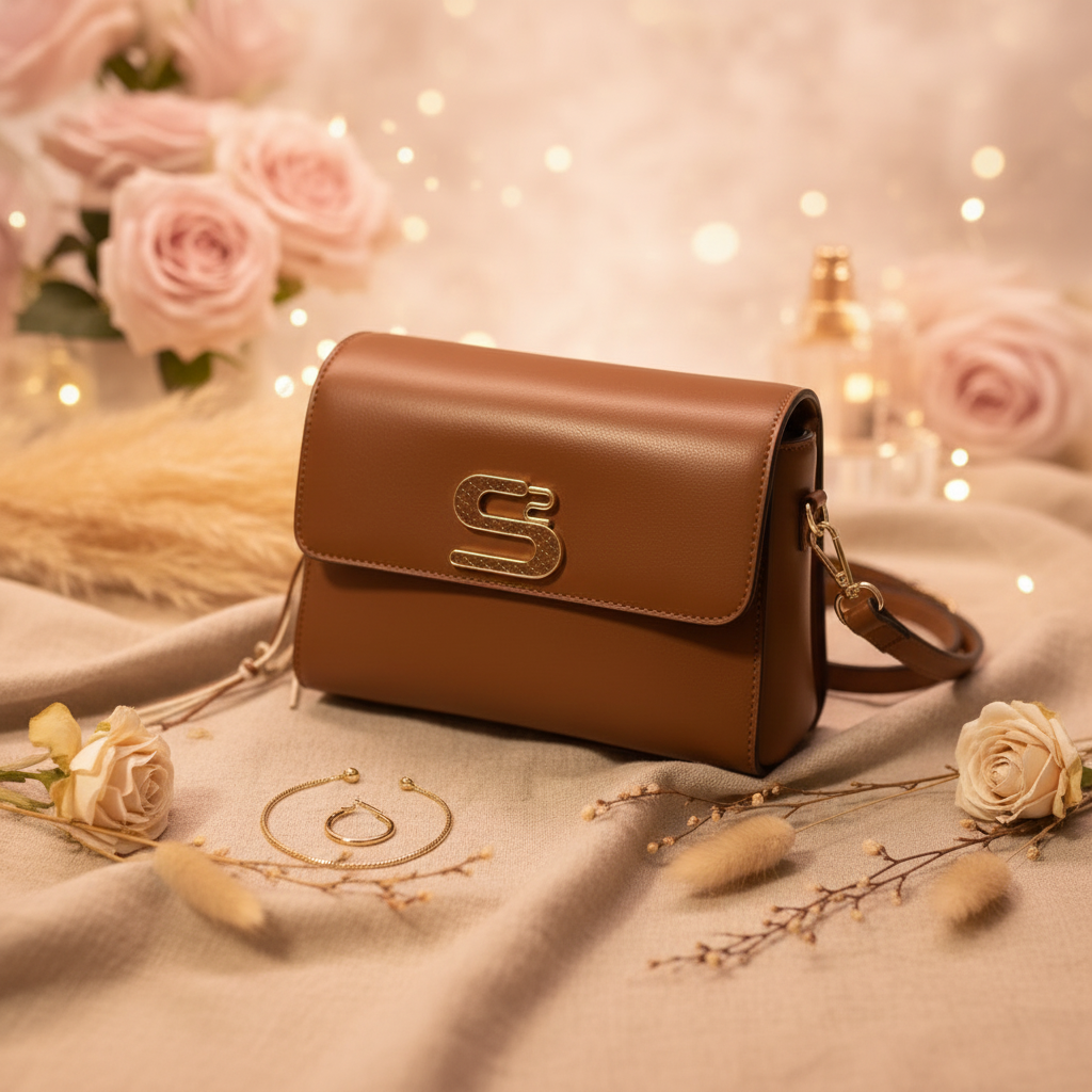 Bolsa transversal caramelo com logo dourado em ambiente linho