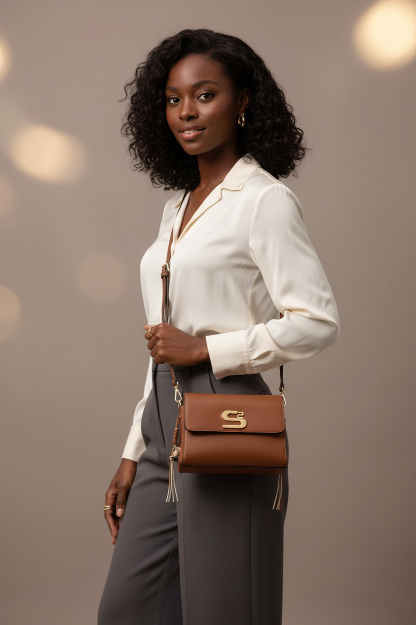 Mulher negra usando bolsa transversal caramelo