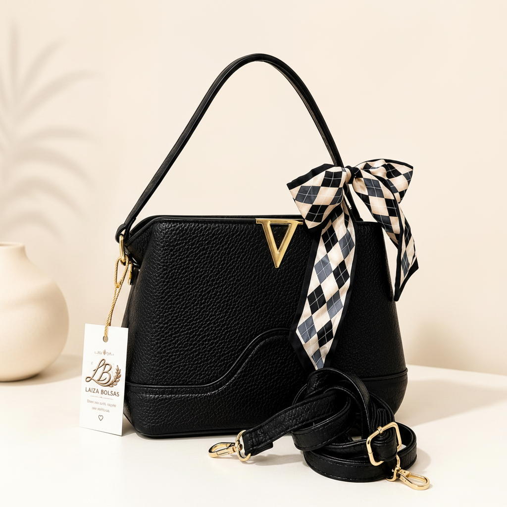 Bolsa preta estruturada com lenço decorativo em mármore