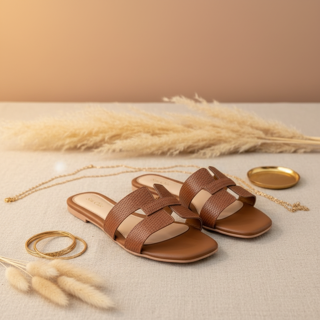 Par de mules caramelo H-strap trançada em ambiente boho