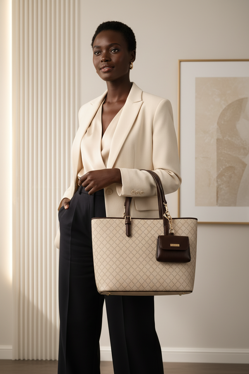 Mulher negra usando bolsa tote matelâssê 2 em 1