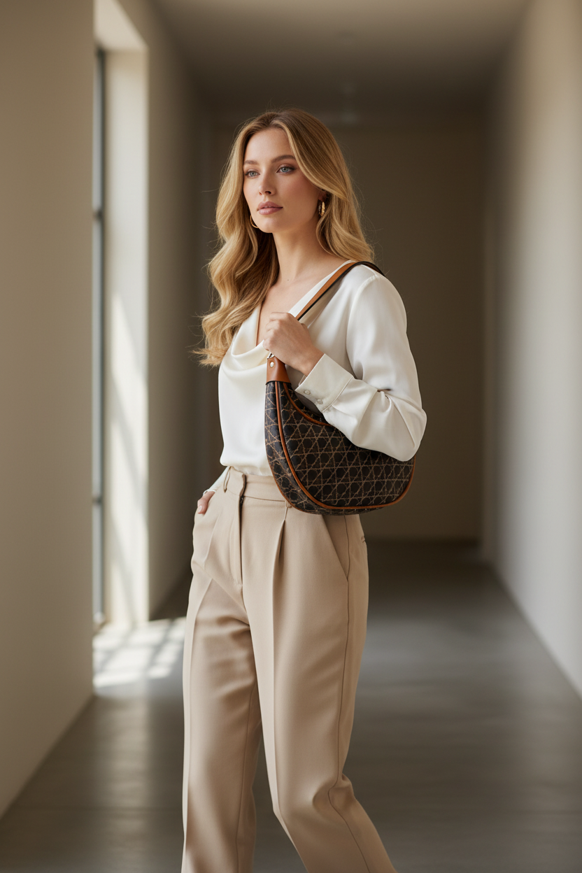 Mulher loira usando bolsa hobo cannage marrom