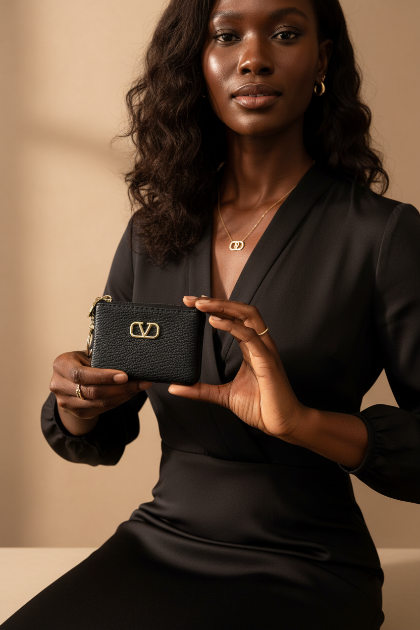 Mulher negra segurando porta-cartão preto com zíper dourado