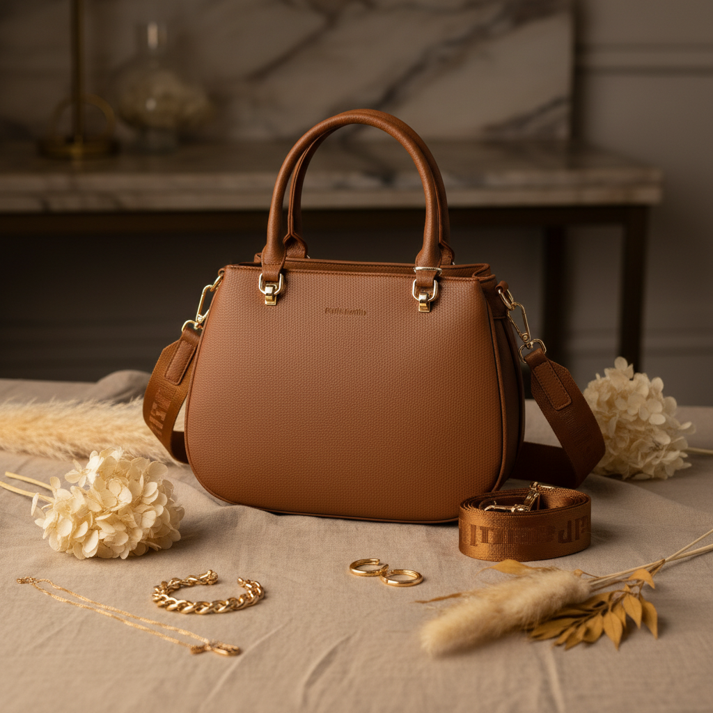 Bolsa caramelo prestige em ambiente linho elegante