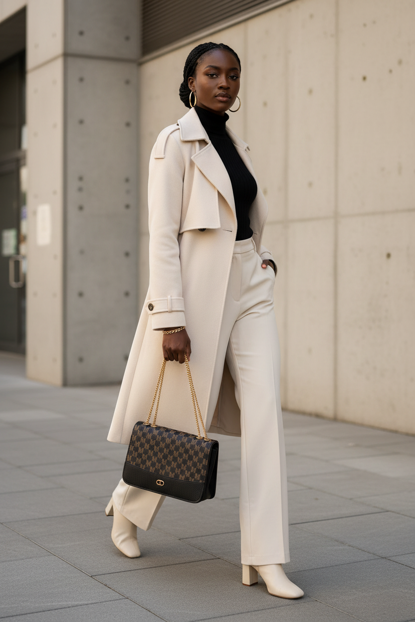 Mulher negra usando bolsa feminina premium monograma