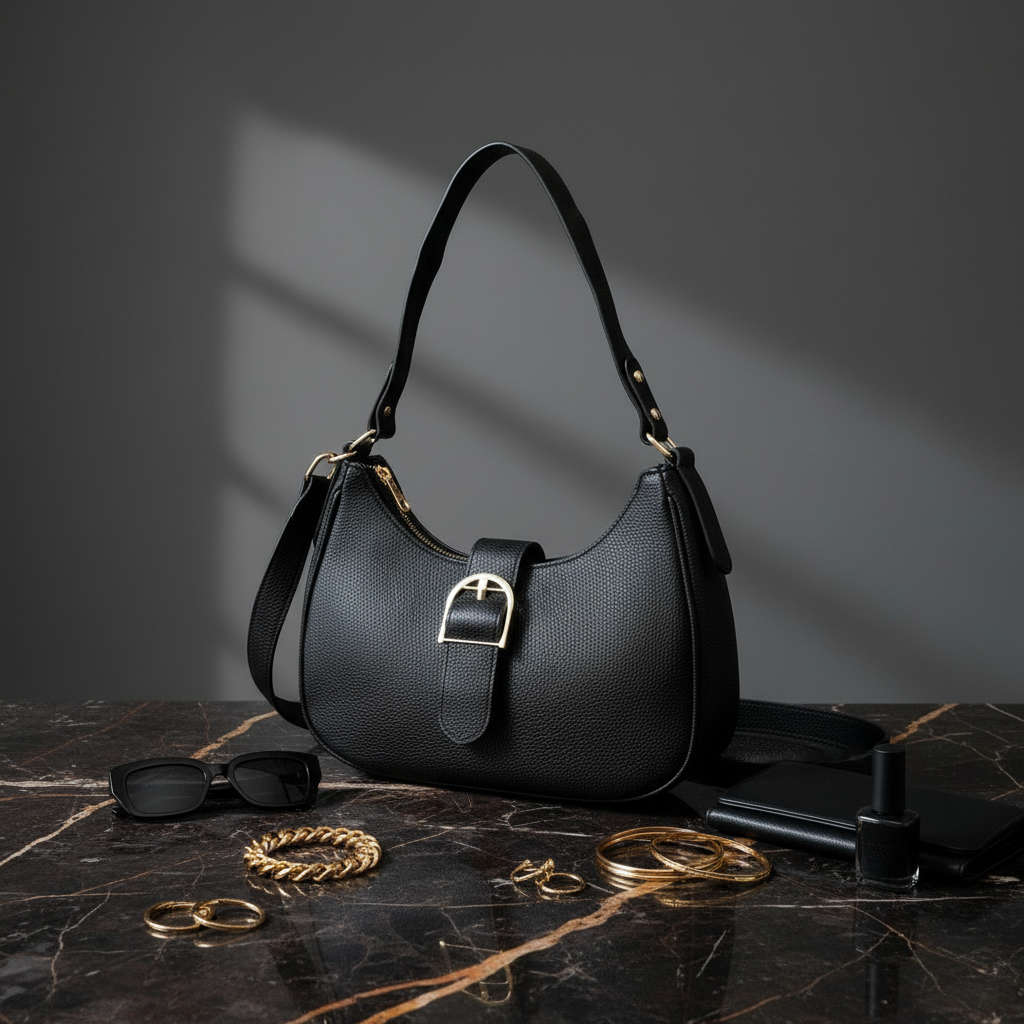 Bolsa hobo preta com fivela dourada em ambiente chic escuro