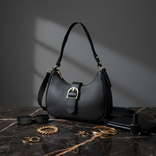 Bolsa hobo preta com fivela dourada em ambiente chic escuro