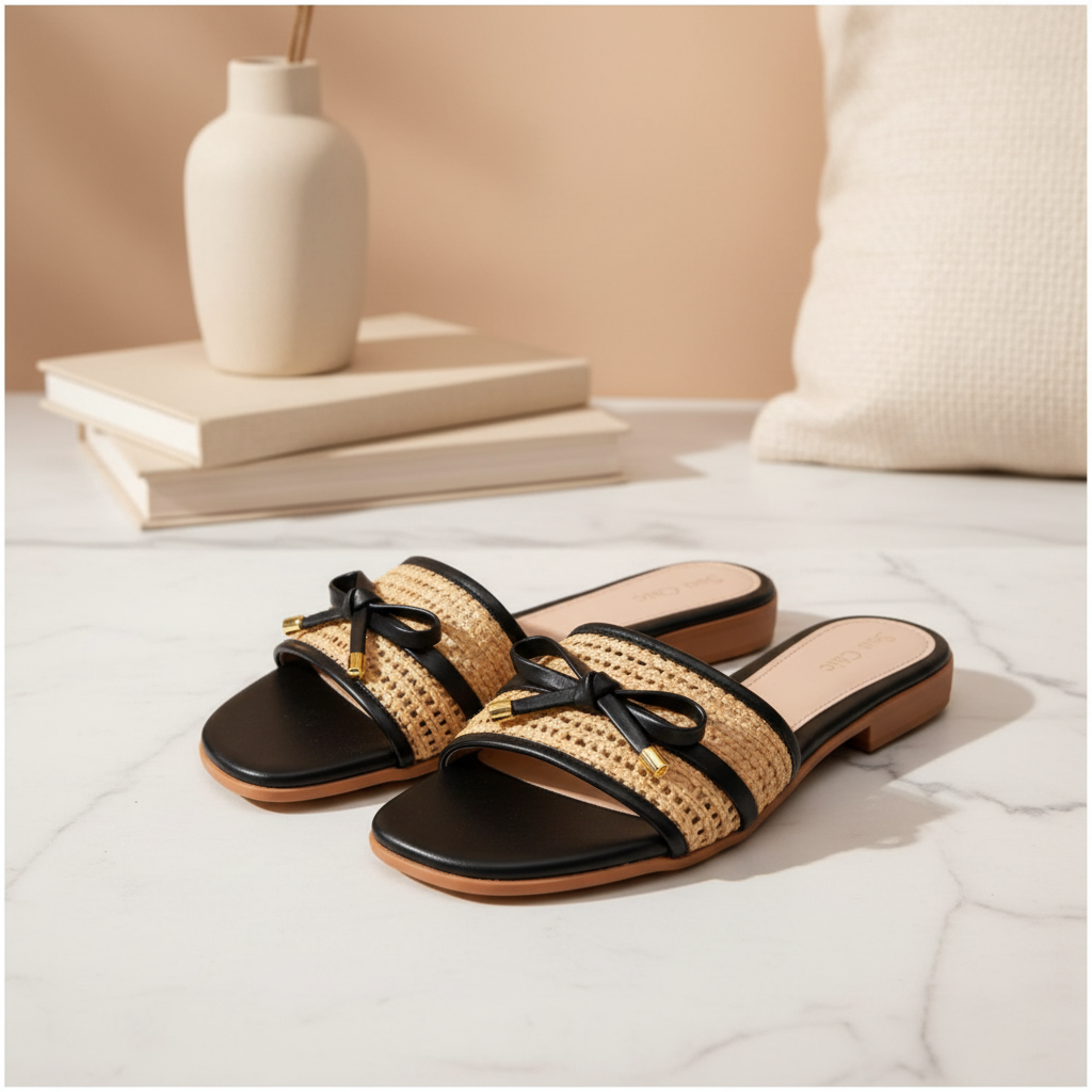 Mule Raffia Black Bow Luxe