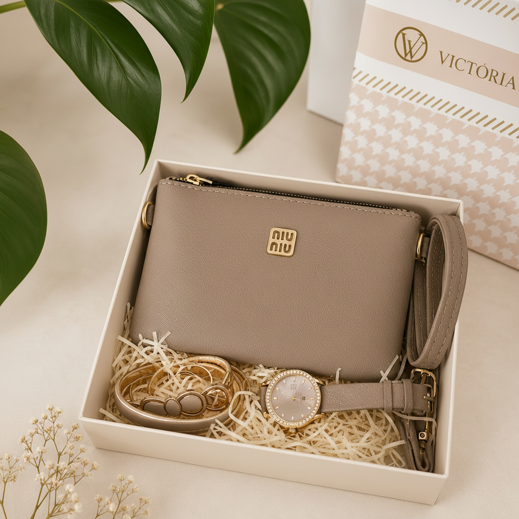 Kit bolsa nude elegante com ferragens douradas em mármore