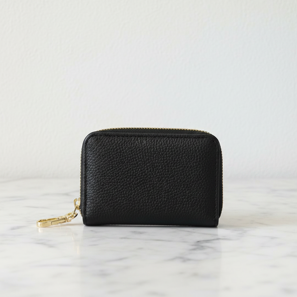 Carteira Zip Black Gold — Flat Lay Mármore