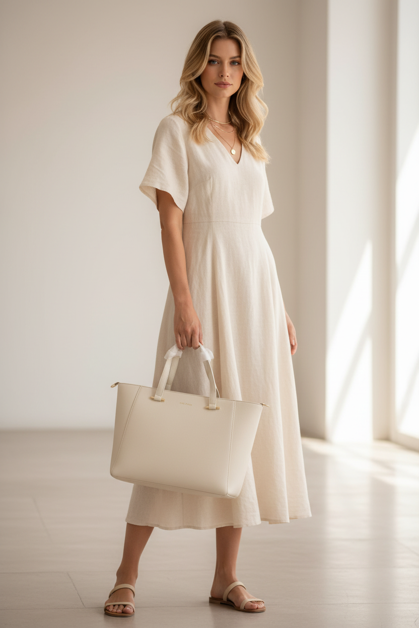 Mulher loira usando bolsa tote off-white com laço dourado