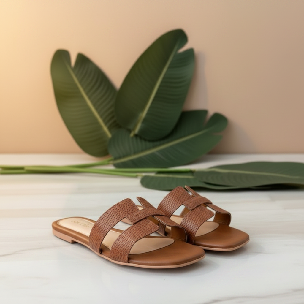 Par de mules caramelo H-strap trançada em mármore branco