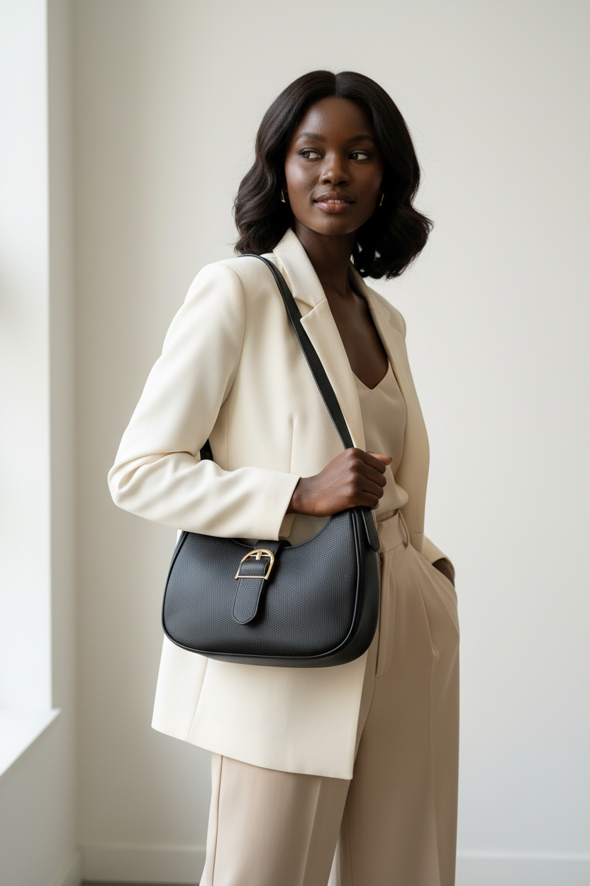 Mulher negra usando bolsa hobo preta com fivela dourada