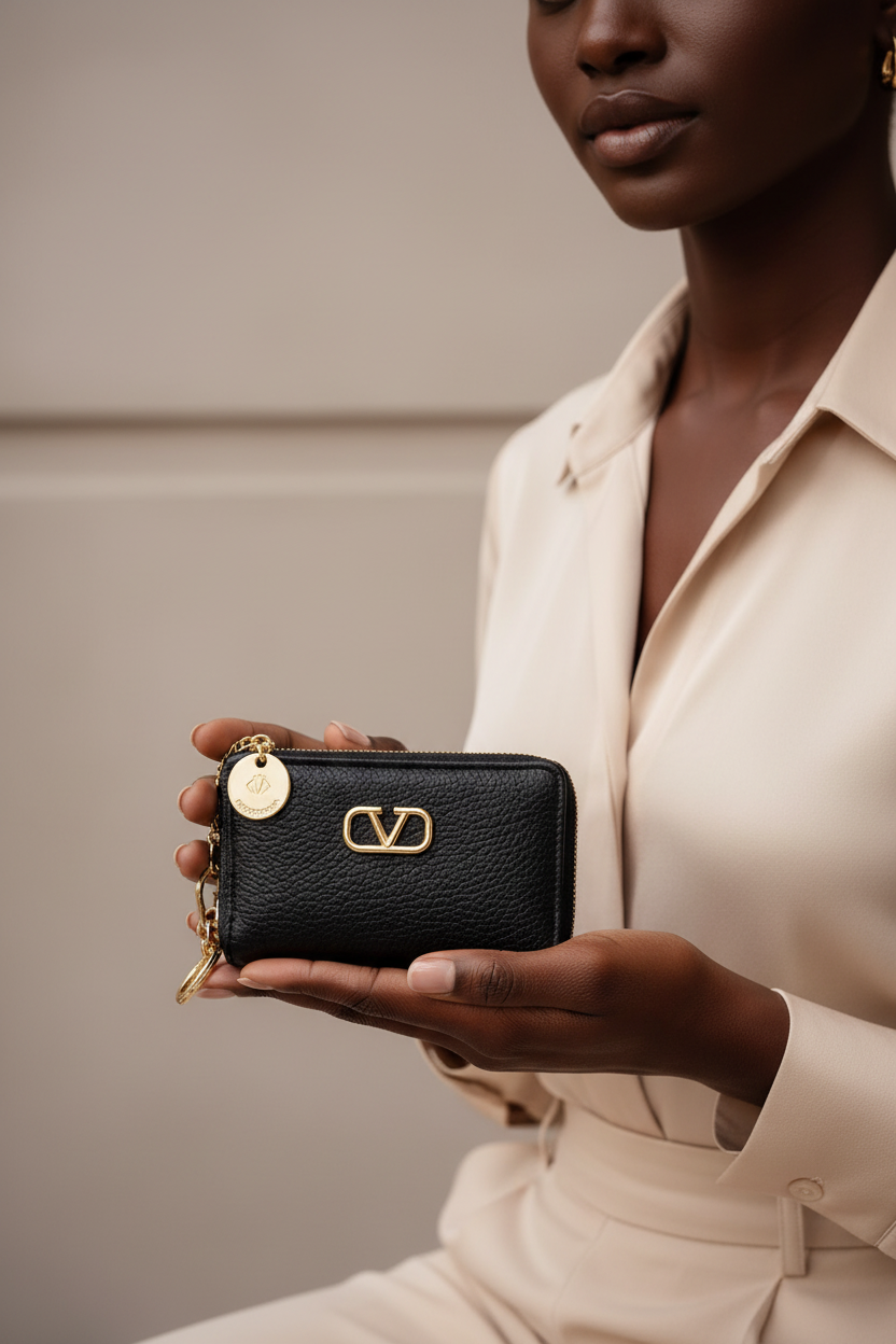 Mulher negra segurando porta-cartão preto com logo dourado
