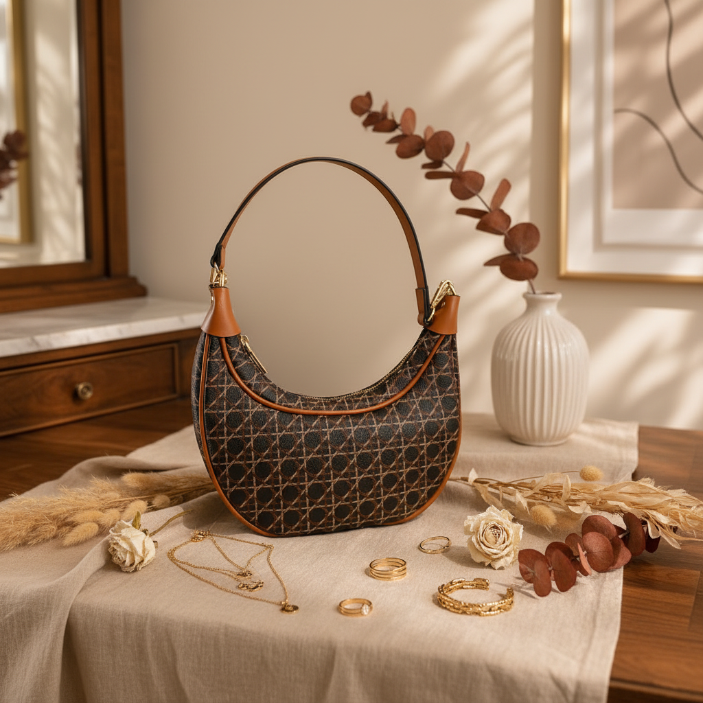 Bolsa hobo cannage marrom com couro caramelo em ambiente linho
