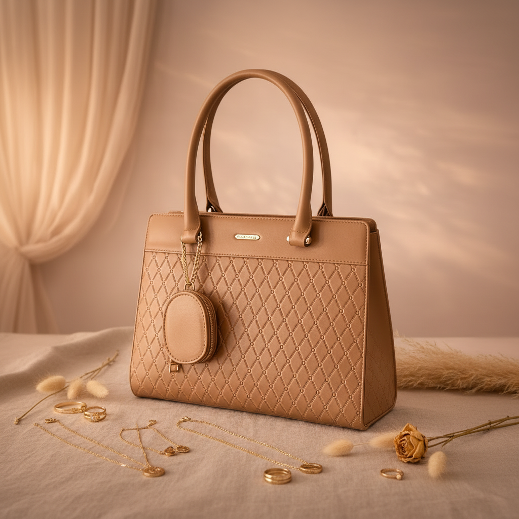 Bolsa tote caramelo matelâssê com mini pochete em ambiente linho