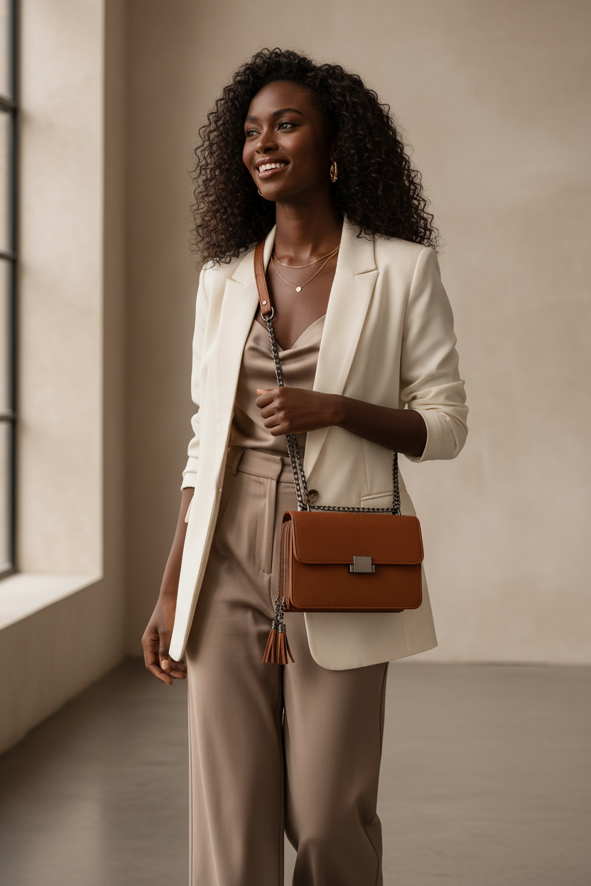 Mulher negra usando bolsa transversal VW premium