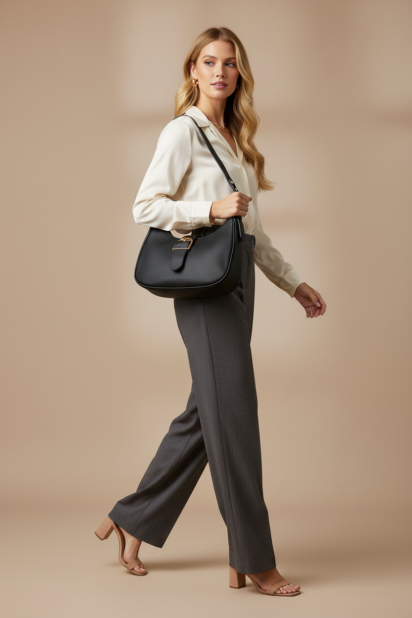 Mulher loira usando bolsa hobo preta com fivela dourada