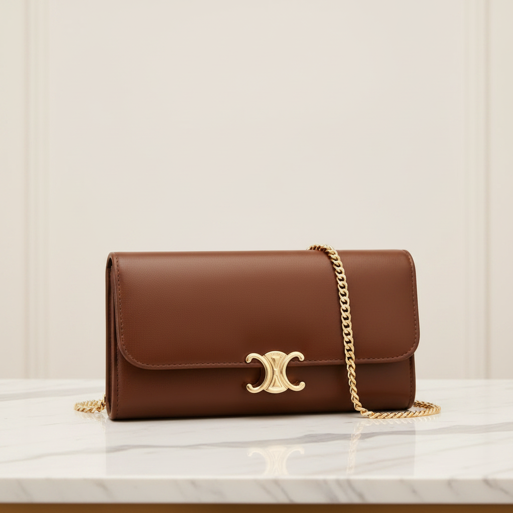 Clutch marrom com corrente dourada em mármore branco