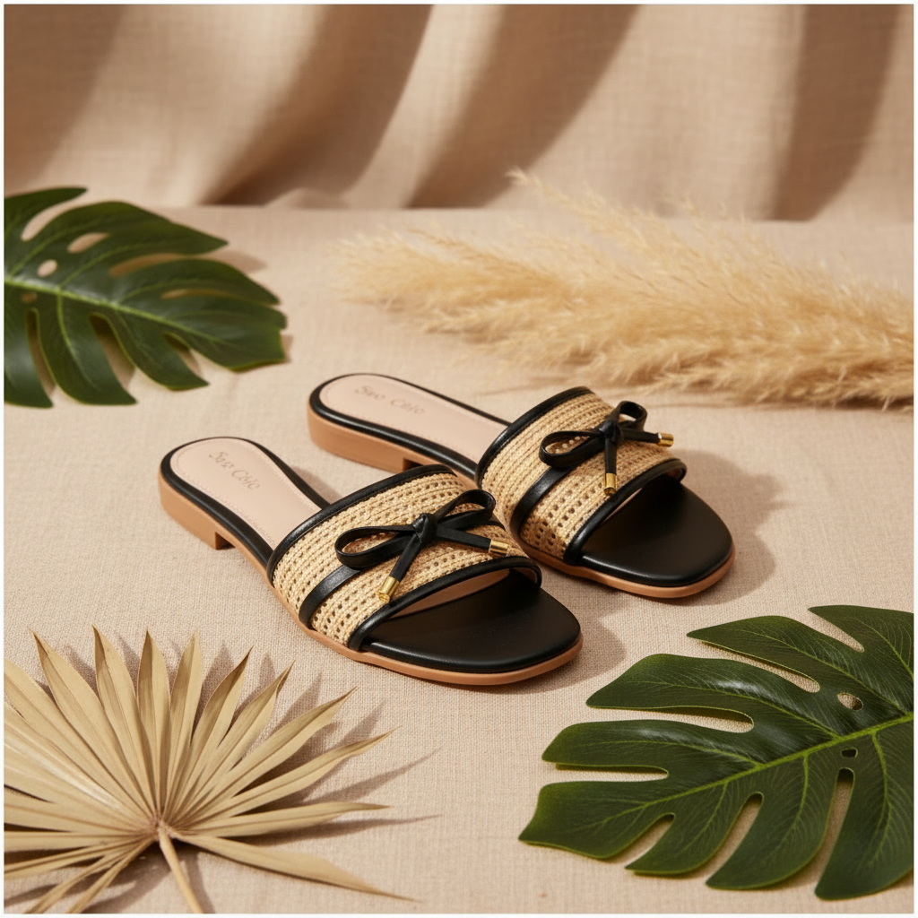 Par de mules raffia preta com laço dourado em ambiente boho