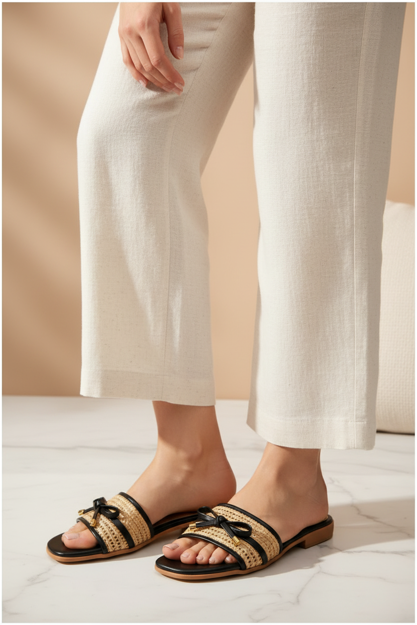 Mulher loira usando mule raffia preta com laço dourado