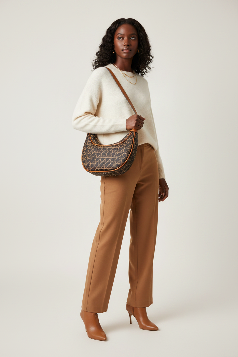 Mulher negra usando bolsa hobo cannage marrom