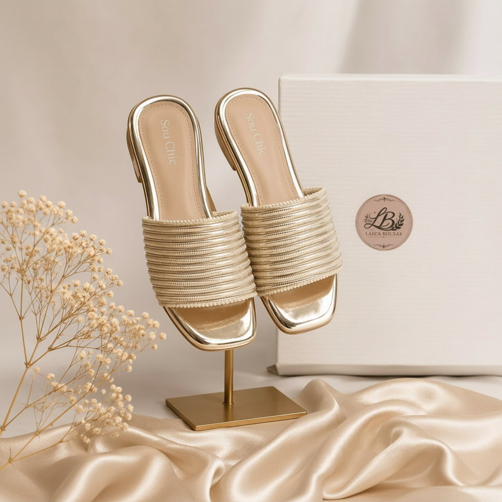 Mule Gold Luxe com Tiras Trançadas
