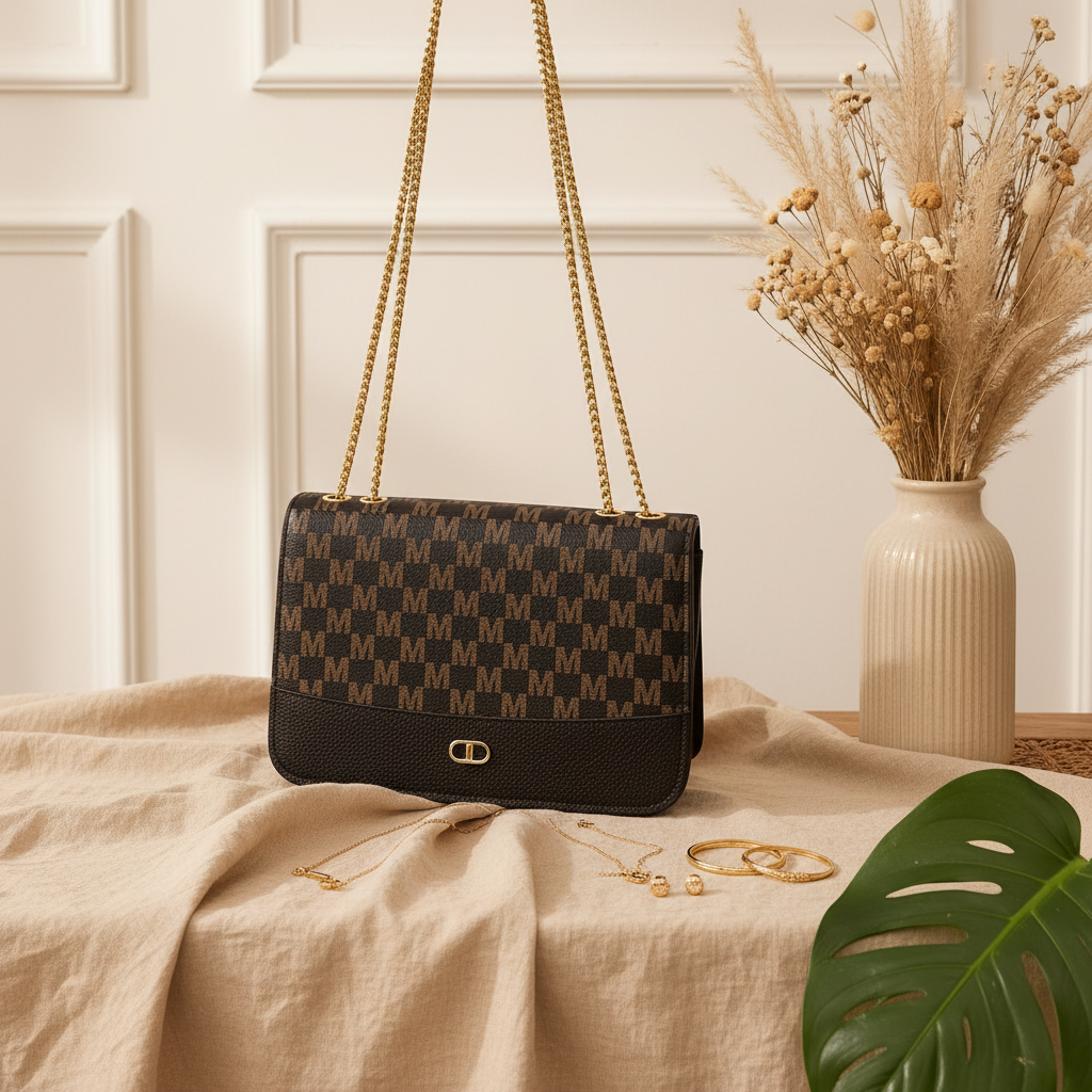 Bolsa feminina premium monograma em ambiente linho elegante