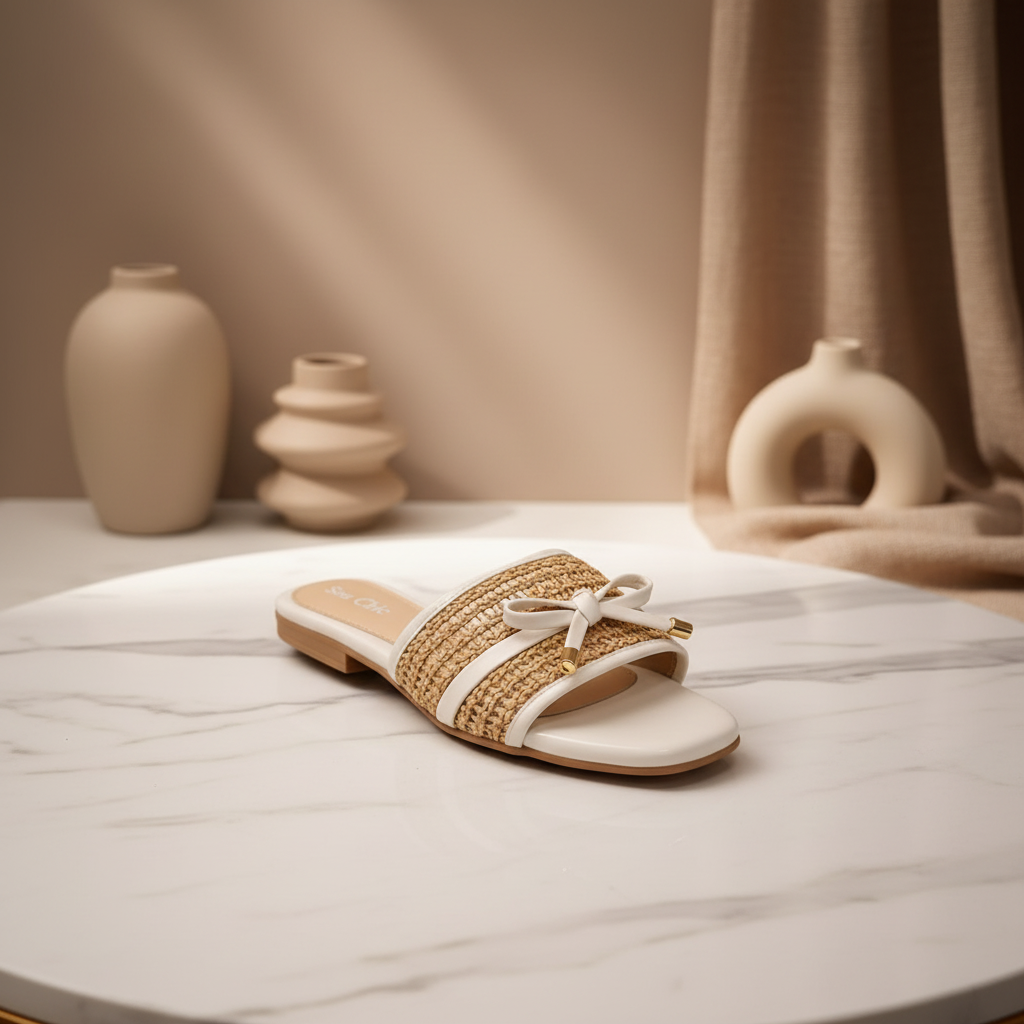 Mule Raffia White Bow Luxe