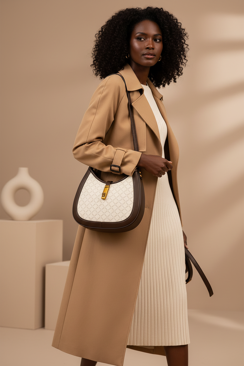 Mulher negra usando bolsa hobo luxo