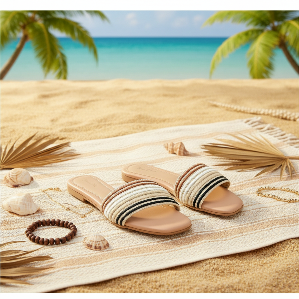 Par de rasteiras listras boho em ambiente praiano
