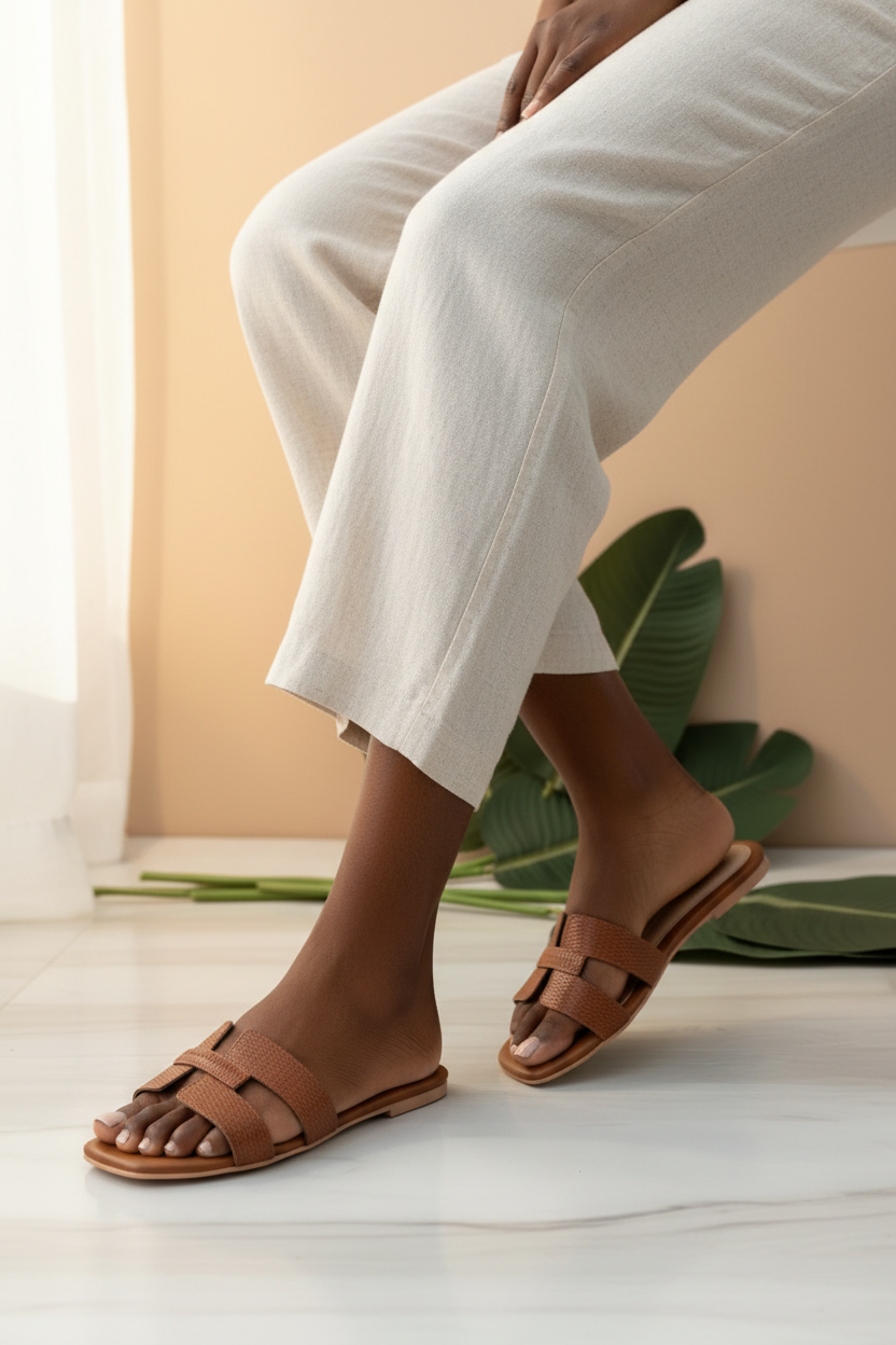 Mulher negra usando mule caramelo H-strap trançada