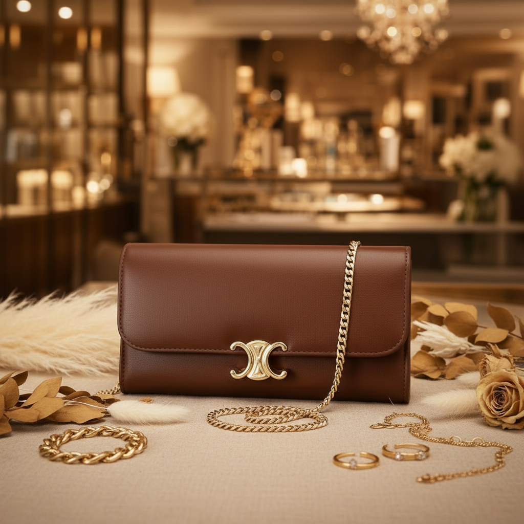 Clutch marrom com corrente dourada em ambiente linho elegante